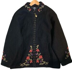 Icelandic Design Black Wool Embroidered Zip Front Cardigan Sweater/Coat Size: L